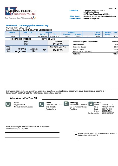 USA Texas Medina Electric business utility bill template in Word and PDF formats